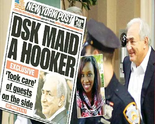 Dominique Strauss-Kahn và Diallo, cùng trang bìa tờ New York Post nói cô là một nữ hầu phòng kiêm gái mại dâm ở khách sạn Sofitel.